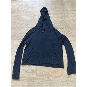 Athleta Womens Blue & Black Steady State‎ Cropped Ribbed Hoodie Sweater Size S